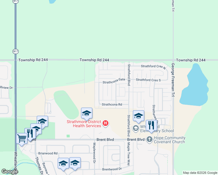 map of restaurants, bars, coffee shops, grocery stores, and more near 1520 Strathcona Close in Strathmore