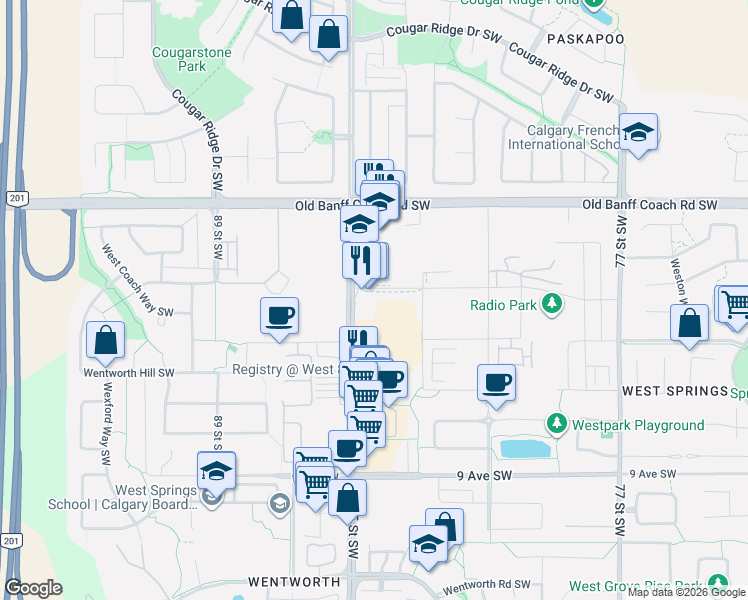 map of restaurants, bars, coffee shops, grocery stores, and more near in Calgary