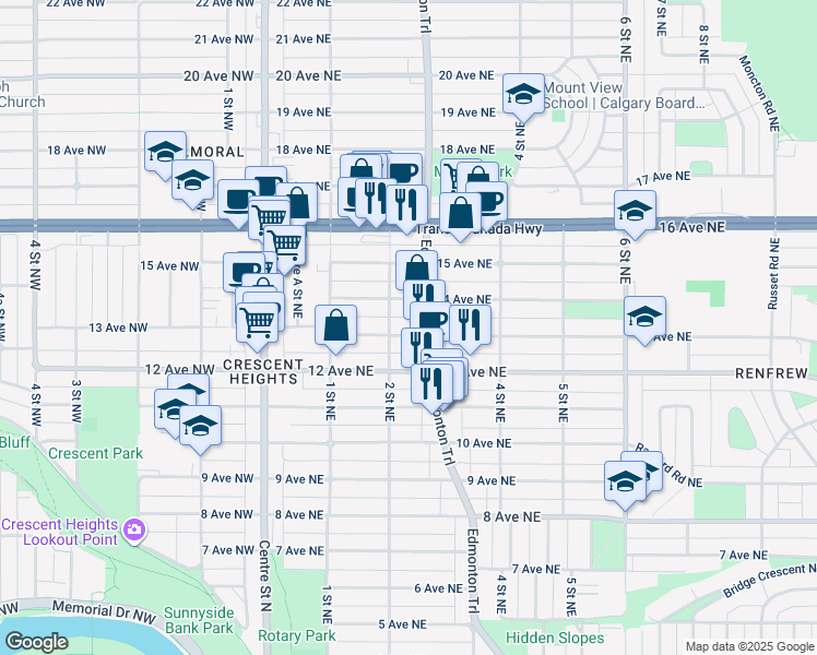 map of restaurants, bars, coffee shops, grocery stores, and more near 312 13 Avenue Northeast in Calgary
