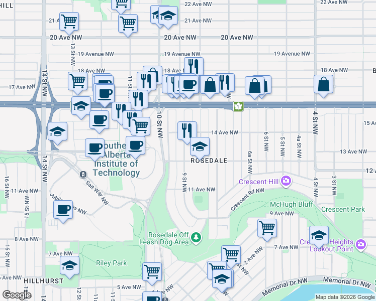 map of restaurants, bars, coffee shops, grocery stores, and more near 1416 9 Street Northwest in Calgary