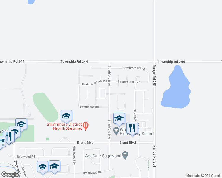 map of restaurants, bars, coffee shops, grocery stores, and more near 357 Strathford Boulevard in Strathmore