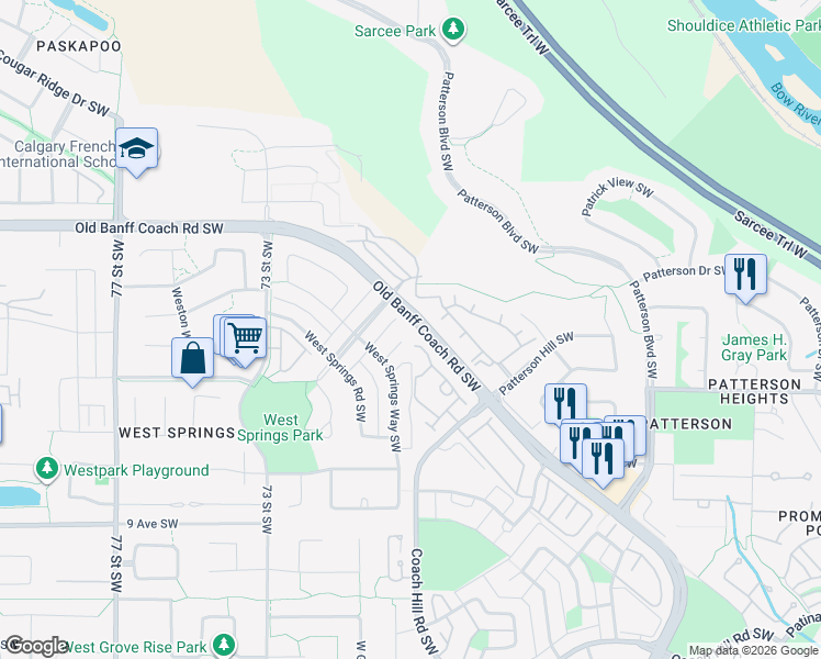 map of restaurants, bars, coffee shops, grocery stores, and more near 50 West Springs Court Southwest in Calgary