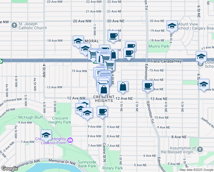 map of restaurants, bars, coffee shops, grocery stores, and more near 110 13 Avenue Northeast in Calgary