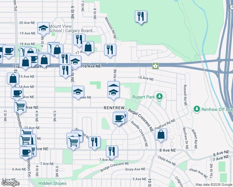 map of restaurants, bars, coffee shops, grocery stores, and more near 1408 Russet Road Northeast in Calgary