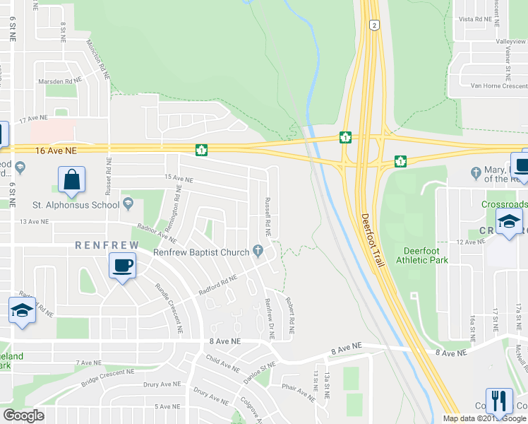 map of restaurants, bars, coffee shops, grocery stores, and more near 1439 Russell Road Northeast in Calgary