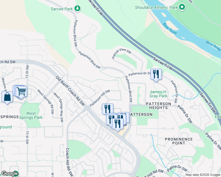map of restaurants, bars, coffee shops, grocery stores, and more near 206 Patterson Hill Southwest in Calgary