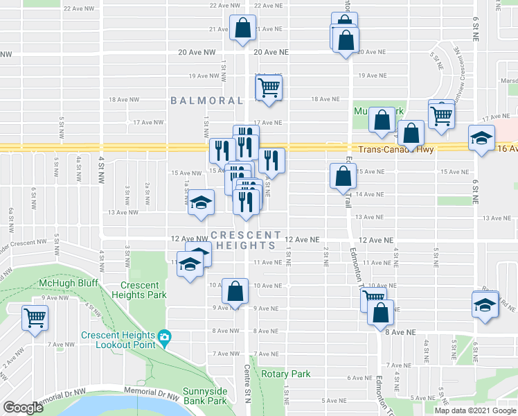 map of restaurants, bars, coffee shops, grocery stores, and more near 110 13 Avenue Northeast in Calgary