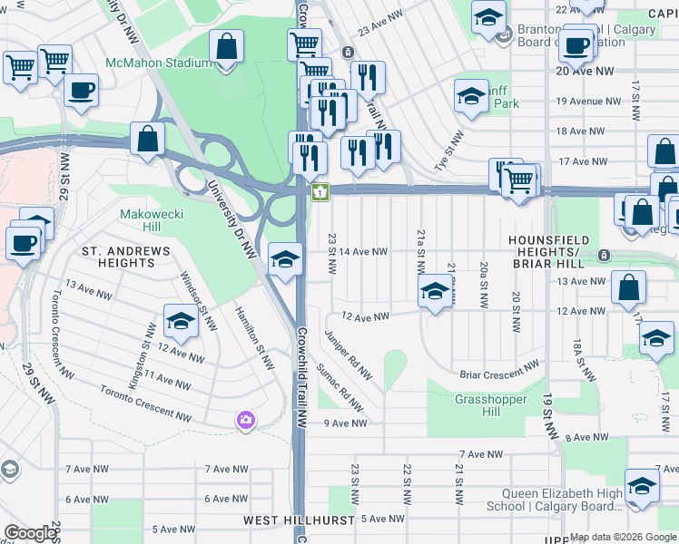 map of restaurants, bars, coffee shops, grocery stores, and more near 1416 23 Street Northwest in Calgary