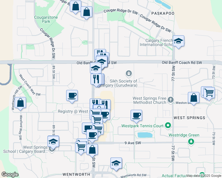 map of restaurants, bars, coffee shops, grocery stores, and more near 8425 Broadcast Avenue Southwest in Calgary