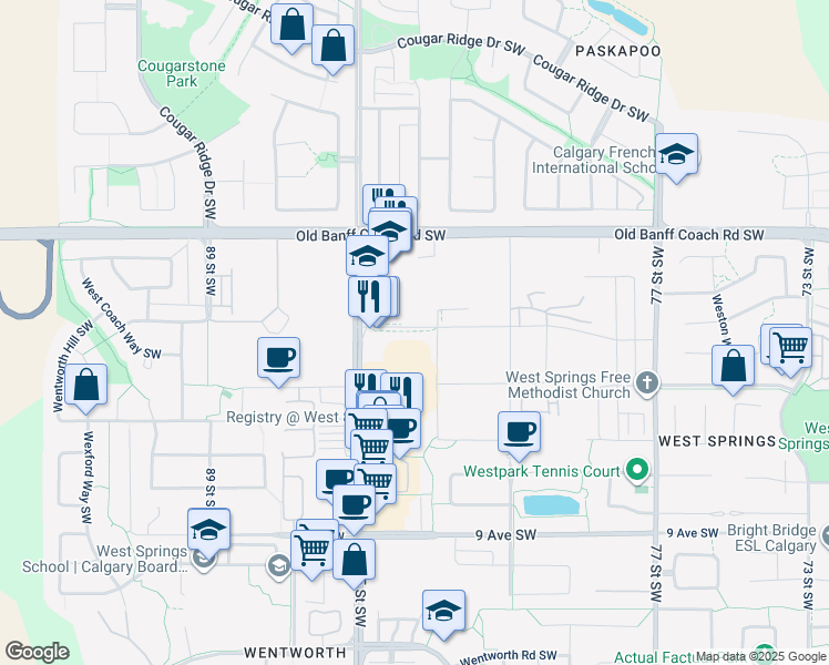 map of restaurants, bars, coffee shops, grocery stores, and more near 8425 Broadcast Avenue Southwest in Calgary