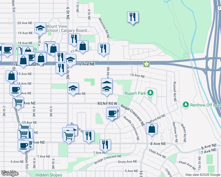 map of restaurants, bars, coffee shops, grocery stores, and more near 1408 Russet Road Northeast in Calgary