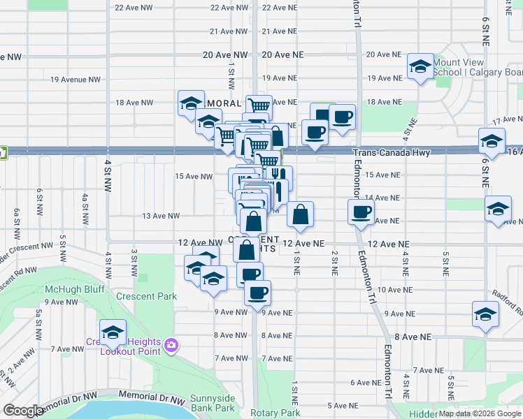 map of restaurants, bars, coffee shops, grocery stores, and more near 110 13 Avenue Northeast in Calgary