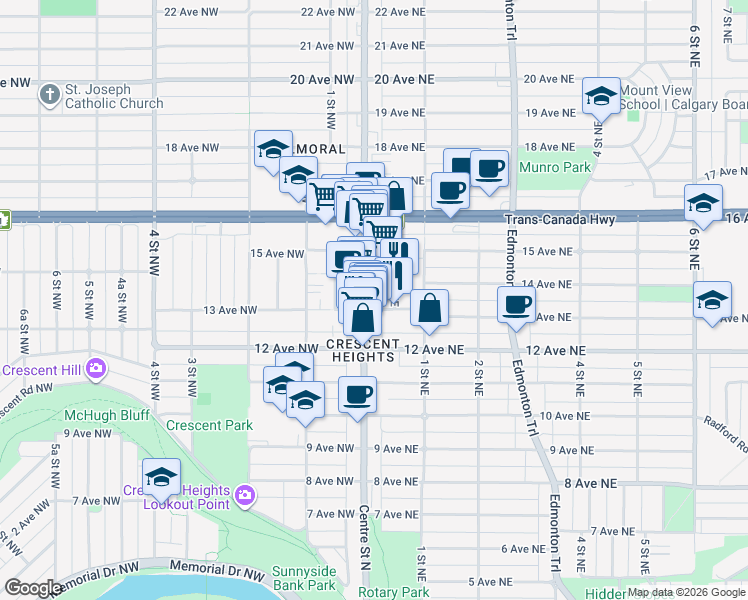 map of restaurants, bars, coffee shops, grocery stores, and more near 110 13 Avenue Northeast in Calgary