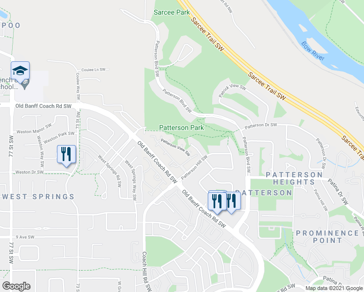 map of restaurants, bars, coffee shops, grocery stores, and more near 705 Patterson View SW in Calgary
