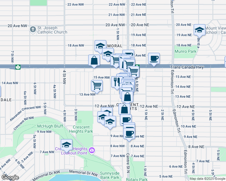 map of restaurants, bars, coffee shops, grocery stores, and more near 1410 1 Street Northwest in Calgary