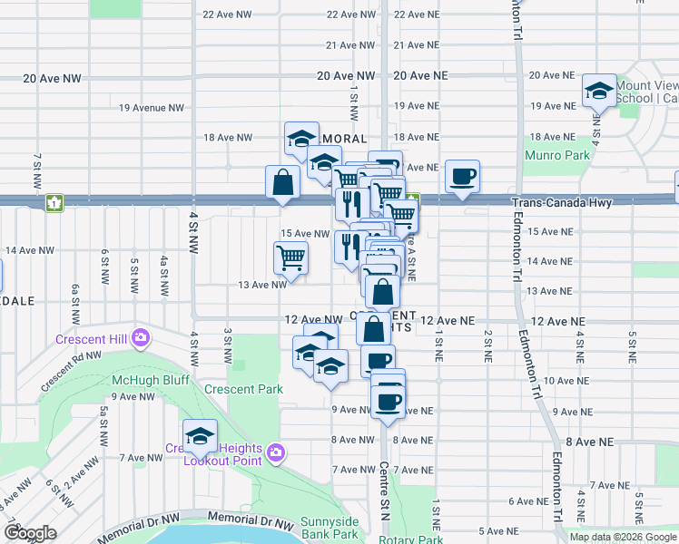 map of restaurants, bars, coffee shops, grocery stores, and more near 1410 1 Street Northwest in Calgary