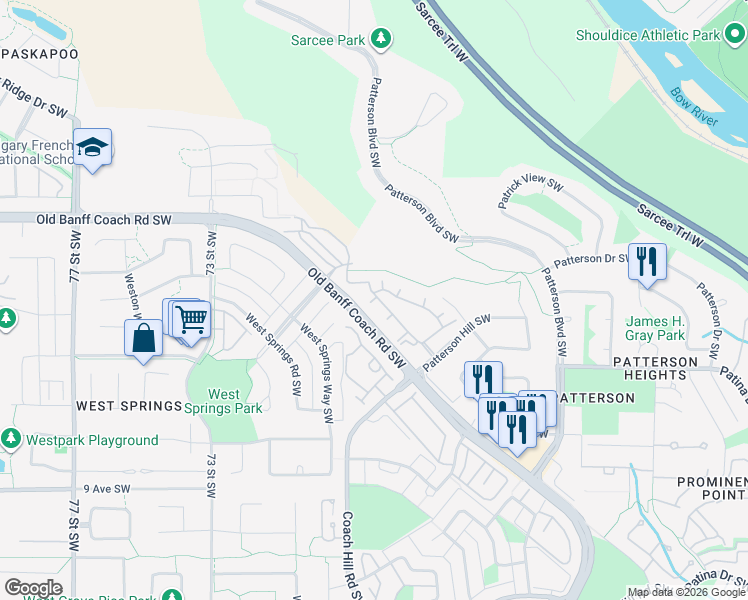 map of restaurants, bars, coffee shops, grocery stores, and more near 1507 Patterson View Southwest in Calgary