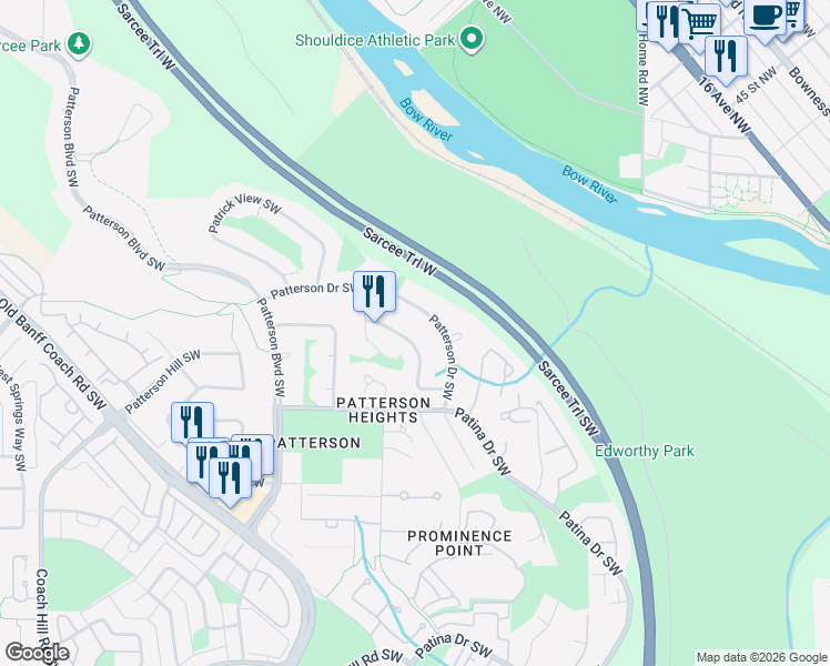 map of restaurants, bars, coffee shops, grocery stores, and more near 55 Patterson Crescent Southwest in Calgary