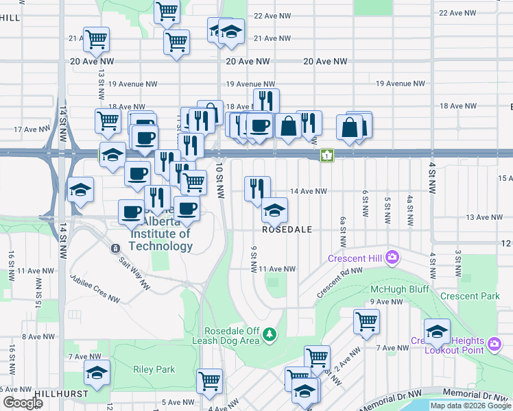 map of restaurants, bars, coffee shops, grocery stores, and more near 1416 9 Street Northwest in Calgary