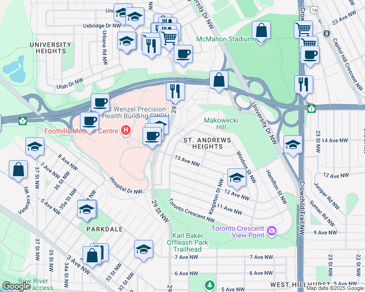 map of restaurants, bars, coffee shops, grocery stores, and more near 2935 14 Avenue Northwest in Calgary