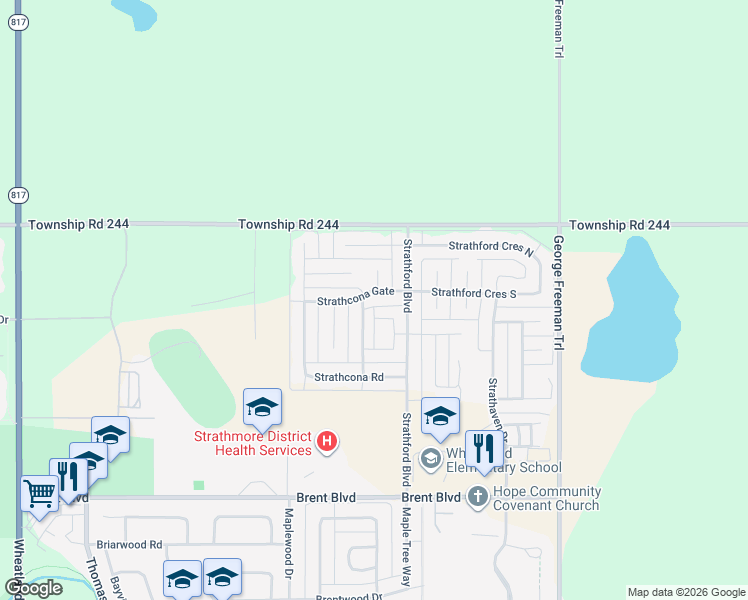 map of restaurants, bars, coffee shops, grocery stores, and more near 1623 Strathcona Gate in Strathmore