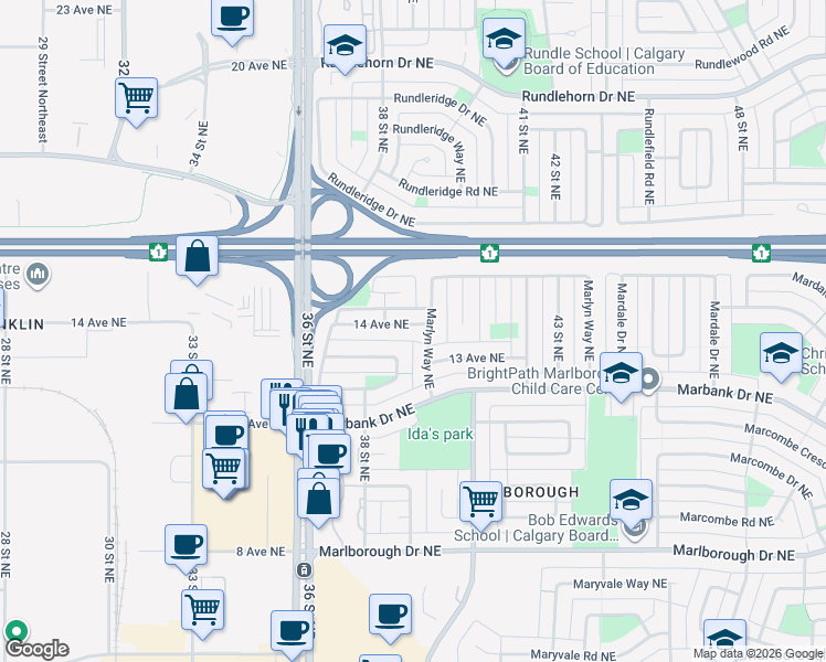 map of restaurants, bars, coffee shops, grocery stores, and more near 3939 14 Avenue Northeast in Calgary