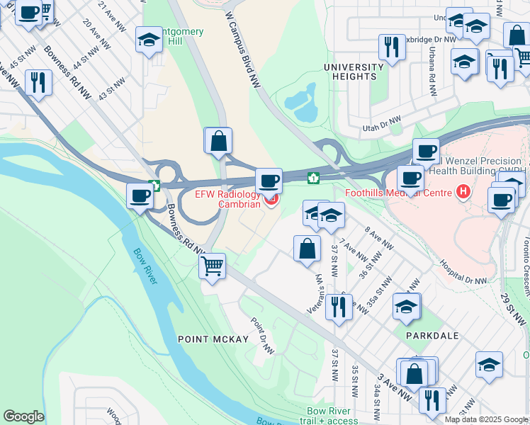 map of restaurants, bars, coffee shops, grocery stores, and more near 2000 Veterans Place Northwest in Calgary