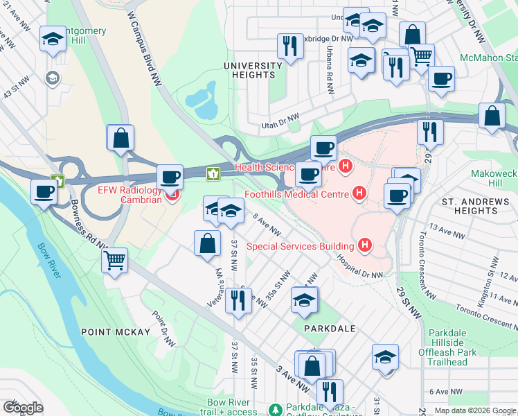 map of restaurants, bars, coffee shops, grocery stores, and more near in Calgary
