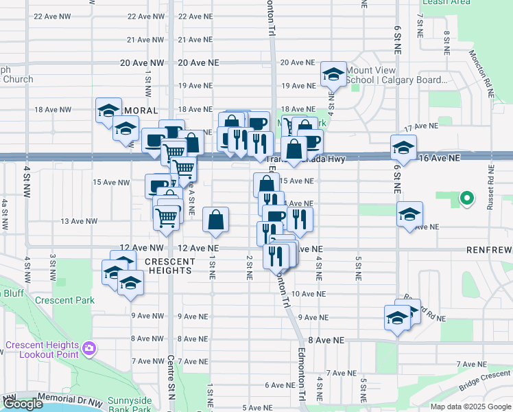 map of restaurants, bars, coffee shops, grocery stores, and more near 312 13 Avenue Northeast in Calgary