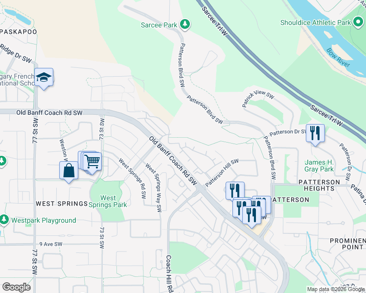 map of restaurants, bars, coffee shops, grocery stores, and more near 1507 Patterson View Southwest in Calgary