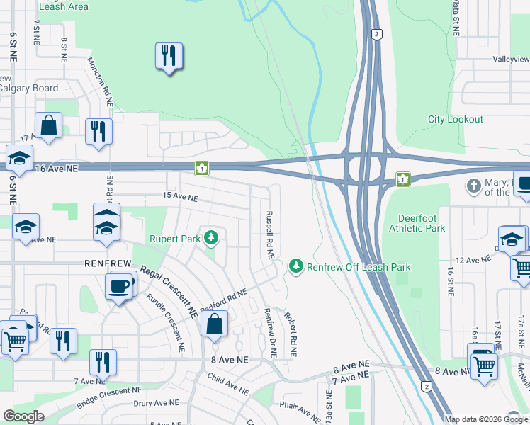 map of restaurants, bars, coffee shops, grocery stores, and more near 1439 Russell Road Northeast in Calgary