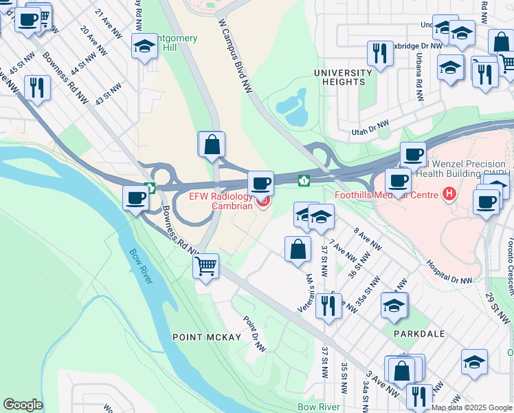 map of restaurants, bars, coffee shops, grocery stores, and more near 1000-2000 Veterans Way Northwest in Calgary