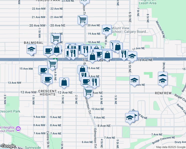 map of restaurants, bars, coffee shops, grocery stores, and more near 426 14 Avenue Northeast in Calgary