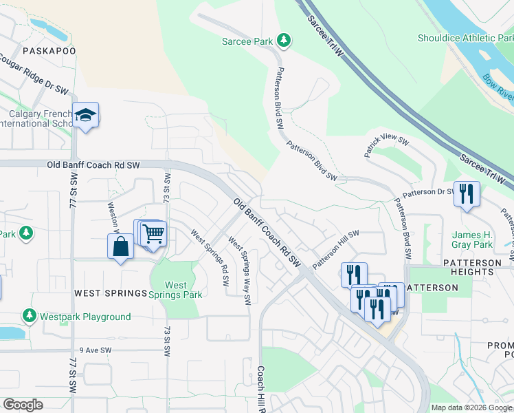 map of restaurants, bars, coffee shops, grocery stores, and more near 15 Cougar Ridge Landing Southwest in Calgary