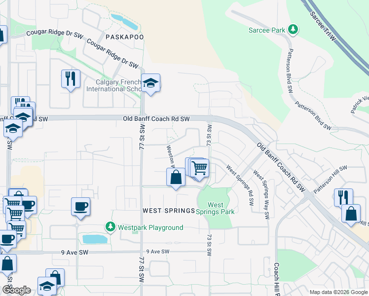 map of restaurants, bars, coffee shops, grocery stores, and more near 50 Weston Park Southwest in Calgary
