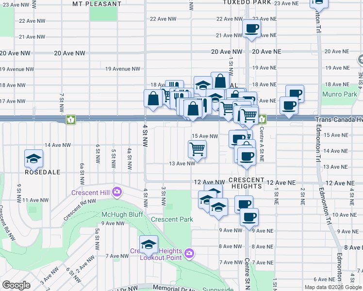 map of restaurants, bars, coffee shops, grocery stores, and more near in Calgary