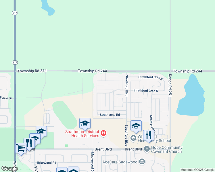 map of restaurants, bars, coffee shops, grocery stores, and more near 1707 Strathcona Place in Strathmore