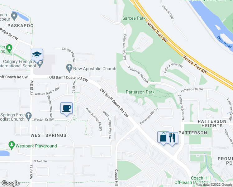 map of restaurants, bars, coffee shops, grocery stores, and more near 940 Patrick Street Southwest in Calgary