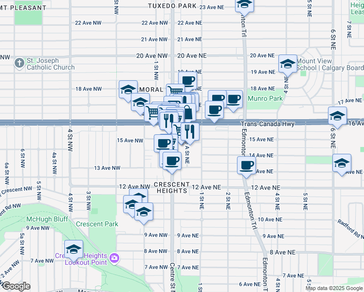 map of restaurants, bars, coffee shops, grocery stores, and more near in Calgary