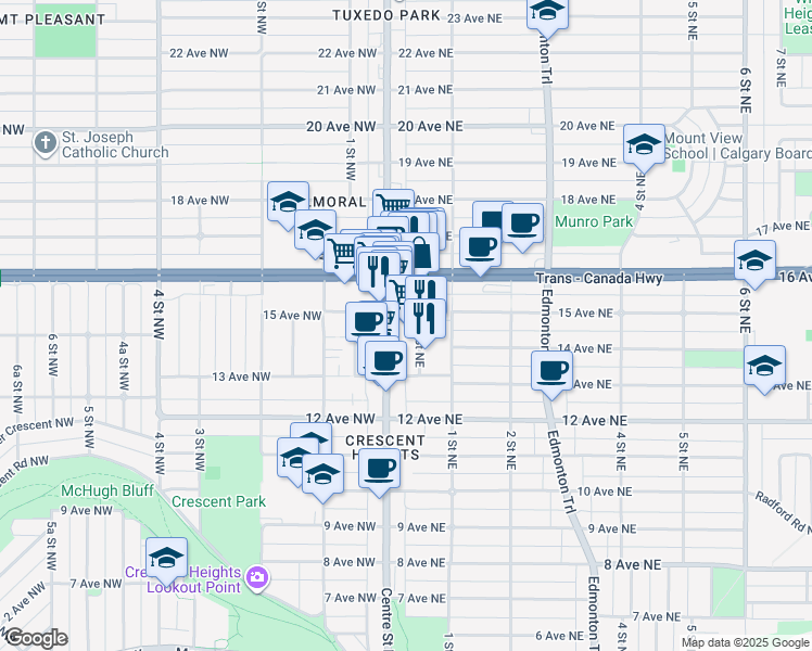 map of restaurants, bars, coffee shops, grocery stores, and more near in Calgary
