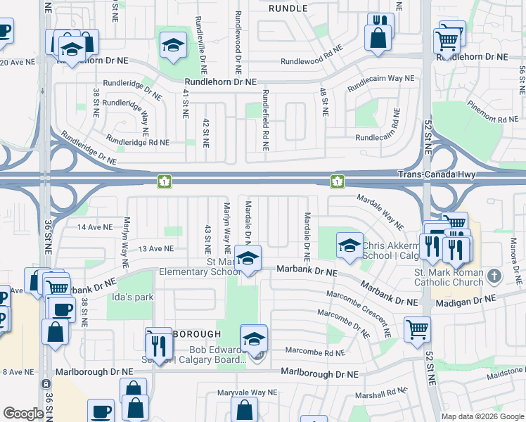 map of restaurants, bars, coffee shops, grocery stores, and more near 7 Mardale Crescent Northeast in Calgary