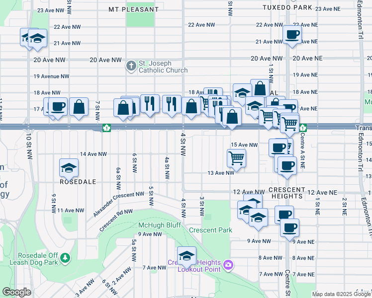 map of restaurants, bars, coffee shops, grocery stores, and more near 1613 4 Street Northwest in Calgary