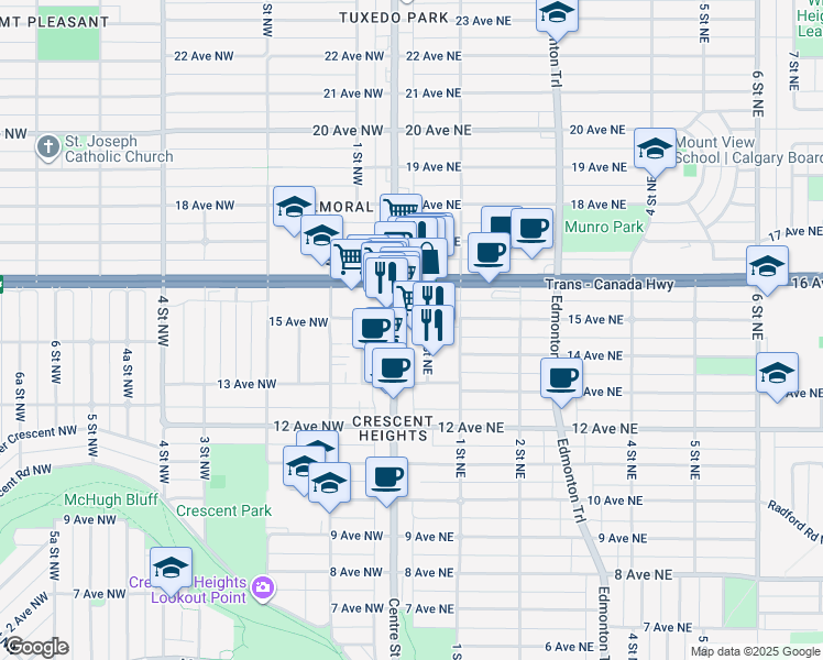 map of restaurants, bars, coffee shops, grocery stores, and more near in Calgary