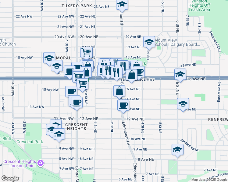 map of restaurants, bars, coffee shops, grocery stores, and more near in Calgary