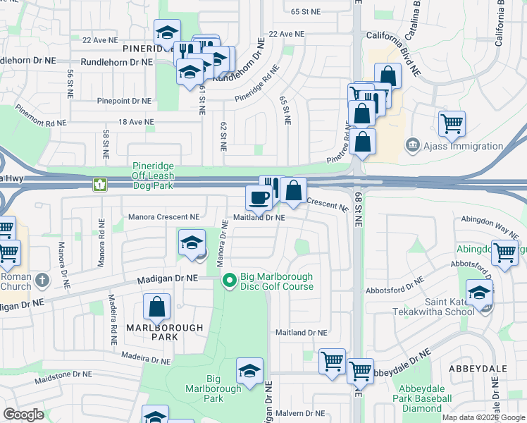map of restaurants, bars, coffee shops, grocery stores, and more near 124 Maitland Drive Northeast in Calgary
