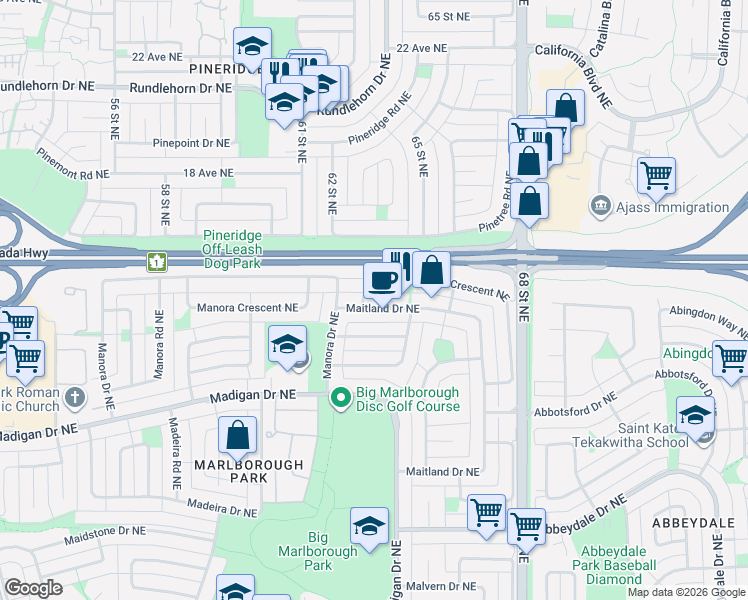 map of restaurants, bars, coffee shops, grocery stores, and more near 124 Maitland Drive Northeast in Calgary