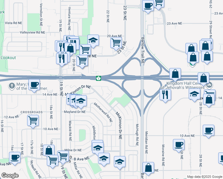 map of restaurants, bars, coffee shops, grocery stores, and more near 30 McHugh Court Northeast in Calgary