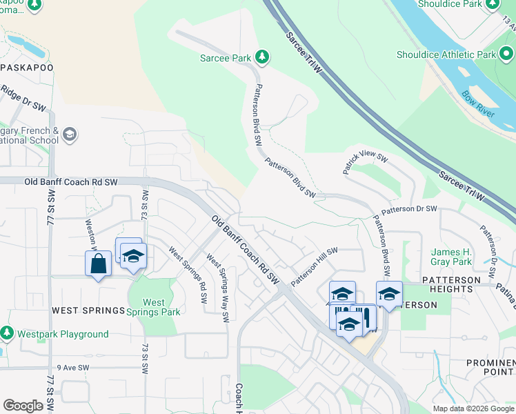 map of restaurants, bars, coffee shops, grocery stores, and more near 940 Patrick Street Southwest in Calgary
