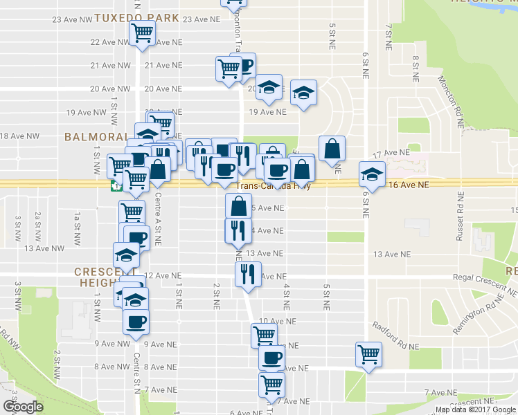 map of restaurants, bars, coffee shops, grocery stores, and more near 420 15 Avenue Northeast in Calgary