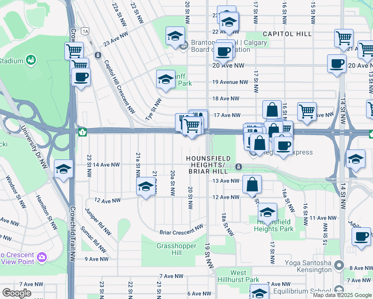 map of restaurants, bars, coffee shops, grocery stores, and more near 1523 20 Street Northwest in Calgary